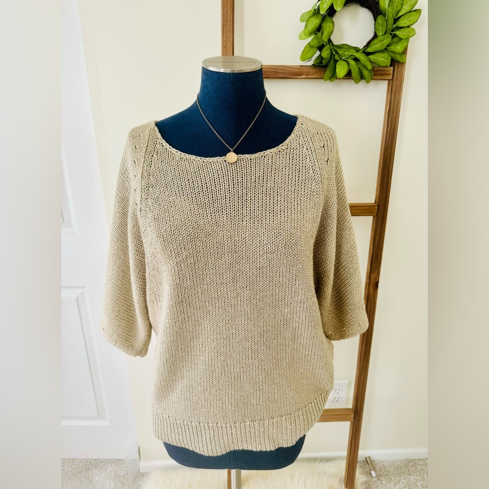 Chico's Tan Gold Shimmer Metallic Open Knit Short Sleeve Sweater Size Large - Picture 3 of 7